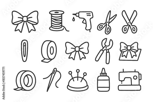 Sewing and craft tools: ribbons, scissors, glue, and sewing machine icons.