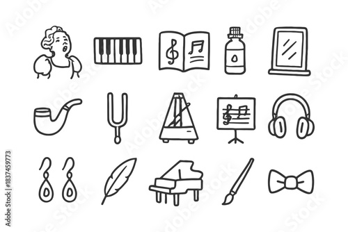 Hand-drawn music icons set with instruments and accessories.
