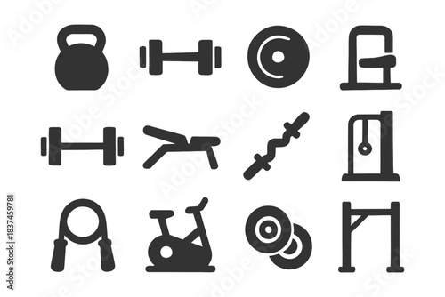 Set of gym equipment icons: dumbbells, kettlebell, bench, bicycle, rope, weights.