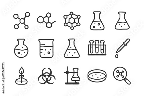 Chemistry science icons: molecules, beakers, test tubes, biohazard, petri dish.