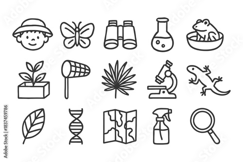 Nature exploration icons: child, animals, plants, science tools, adventure elements.