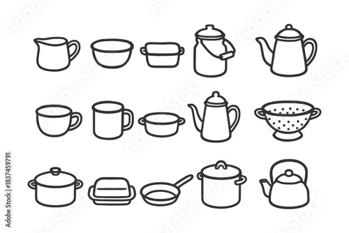 Collection of kitchen utensil line drawings including teapot and pots.
