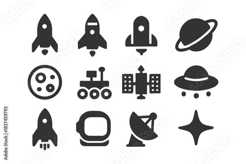 Space exploration icons collection featuring rockets, planets, rovers, satellites, ufos, and helmets.