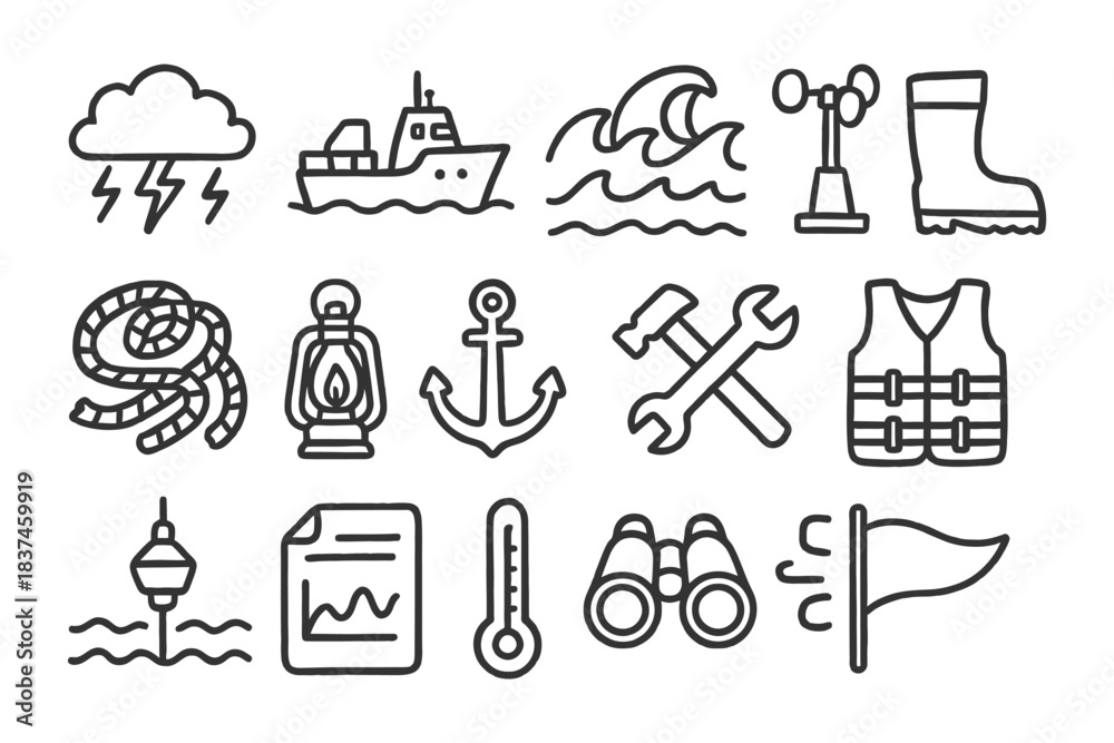 Fototapeta premium Weather and maritime safety icons: boat, storm, anchor, life vest.