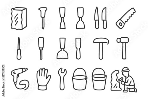 Hand tools collection: chisels, hammers, saw, drill, wrench.