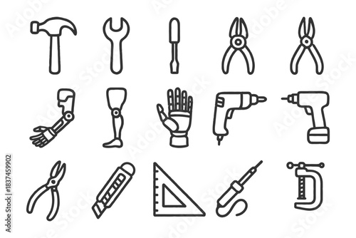 Hand drawn tool icons: hammer, wrench, screwdriver, prosthetics, drill, cutter, clamp.