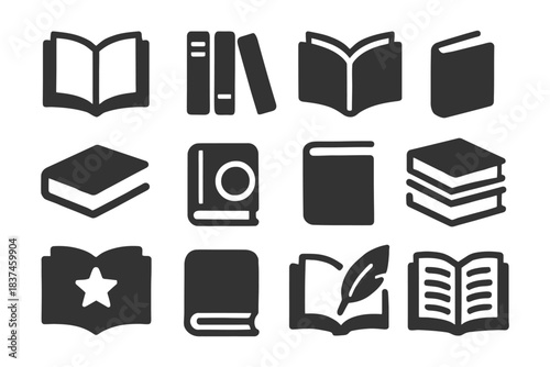 Collection of book icons showing various open and closed book designs.