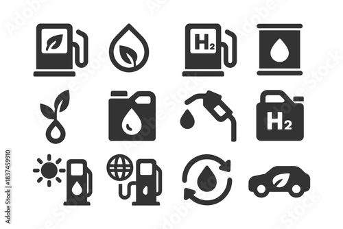 Hydrogen and eco fuel icons collection: renewable energy symbols.