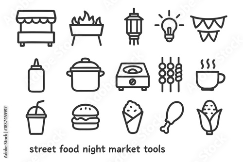 Street food night market icons: grill, lantern, skewer, cup, burger, wrap, drink, fire, booth.
