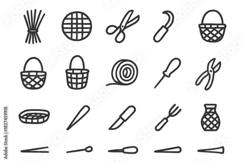 Set of simple line icons for basket weaving tools and accessories.