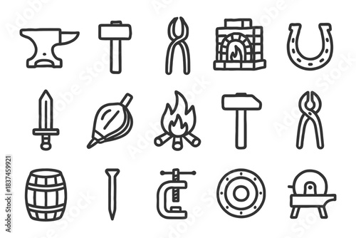 Blacksmith tools collection - anvil, hammer, forge icons.