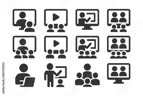 Set of monochrome icons representing online learning and video conferencing.