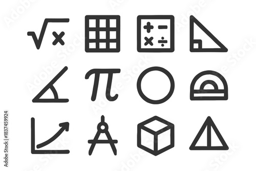 Collection of mathematical symbols and geometry tools icons.