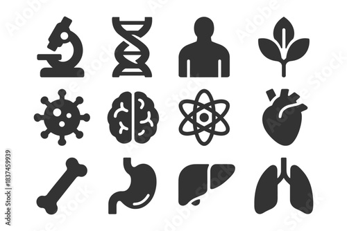 Scientific and medical icons: microscope, dna, human, plant, virus, brain, atom, heart, bone, stomach, liver, lungs.