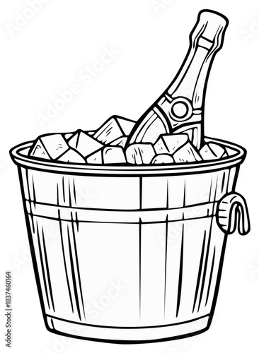 Outline drawing of a sparkling wine bottle chilling in an ice bucket ready for celebration