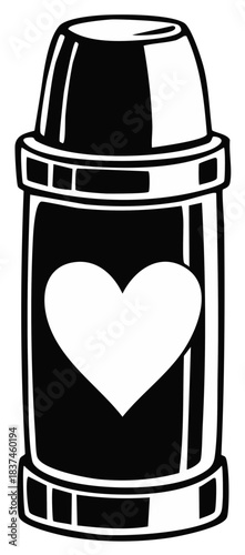 Black and White Thermos Bottle with a White Heart Graphic Representing Love and Care