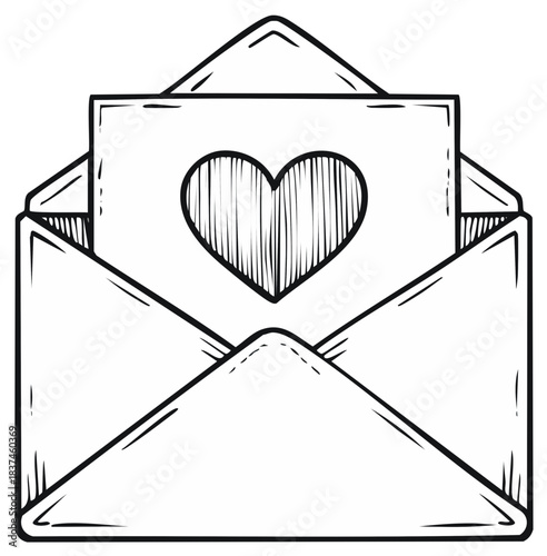 Black and white sketch of a romantic love letter with a heart in an open envelope