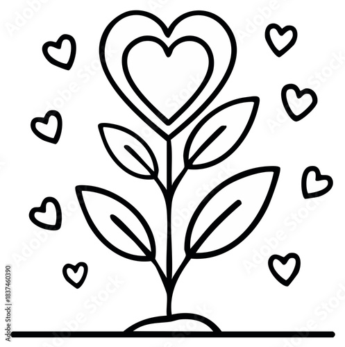 Line art plant with heart shaped bloom and small floating hearts growing from ground