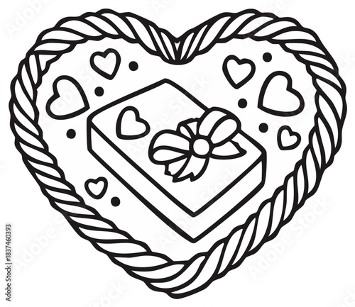 Romantic Gift Box Inside a Braided Heart Frame Coloring Page Illustration