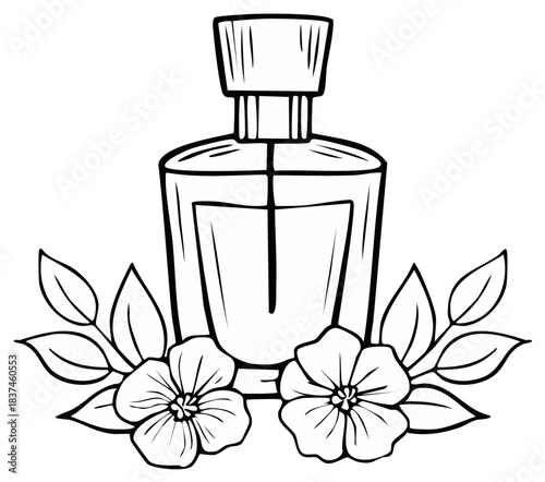 Elegant perfume bottle design with blooming flowers and leaves, line art illustration