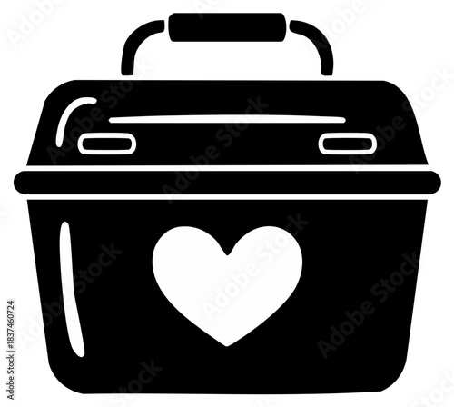 Black pet carrier vector icon with heart on carrier, luggage container