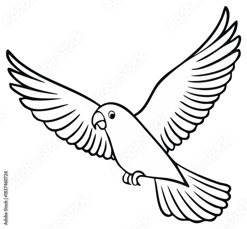 Linear illustration of a cartoon flying parrot with spread wings for coloring pages or vector designs