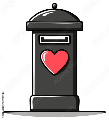 Stylized black mailbox with a prominent red heart symbol for sending love messages