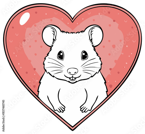 Adorable white mouse character with a happy smile framed by a vibrant pink heart illustration
