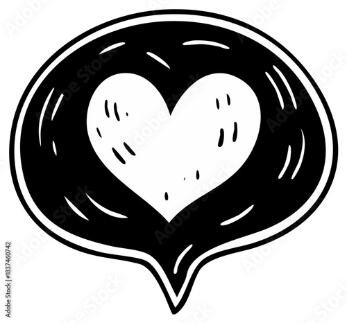 Hand drawn doodle of a heart in a black speech bubble love message