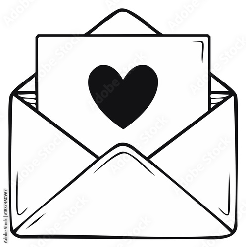 Hand drawn open envelope with a romantic heart card for Valentines Day greeting