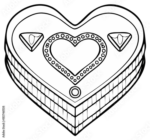Black and white line art drawing of a heart shaped box with jewels for coloring book page or Valentines Day card
