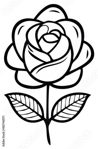 Striking black outline of a blossoming rose with leaves showcasing elegant floral artistry in a detailed illustration.