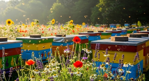 A vibrant apiary with colorful beehives nestled in a sun-kissed wildflower meadow, buzzing with active honeybees collecting nectar and pollen under the golden sunlight