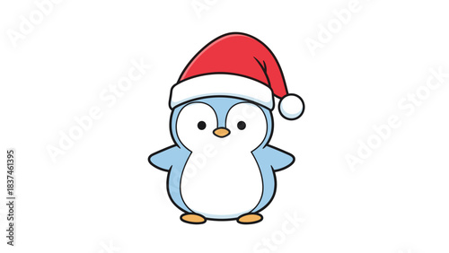 A cute cartoon penguin wearing a santa hat on white background