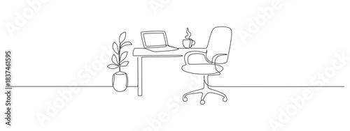 One continuous line drawing captures a modern office interior with desk, chair, and workspace details in minimalist sketch art style for creative home design projects. Doodle vector illustration