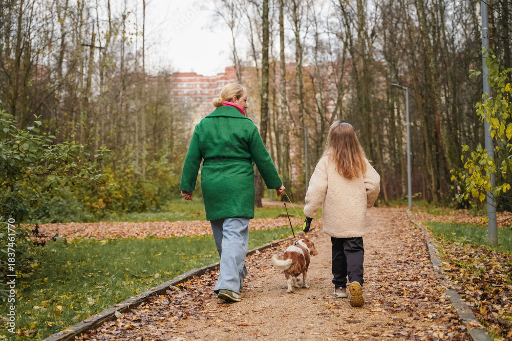 Fototapeta premium Walking mother with daughter, dog on park path. Family pet activity supports bonding, care, safety, healthy exercise. Outdoor weekend stroll with small canine fits city lifestyle, childhood joy.