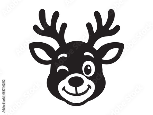 Black silhouette of winking reindeer face with antlers, isolated on white background. concept of christmas, festive season, holiday icon, cute animal, minimalist design element
