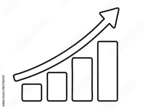Black outline of bar chart with upward arrow isolated on white background, illustration. concept of growth, business success, data analysis, progress, finance, statistics