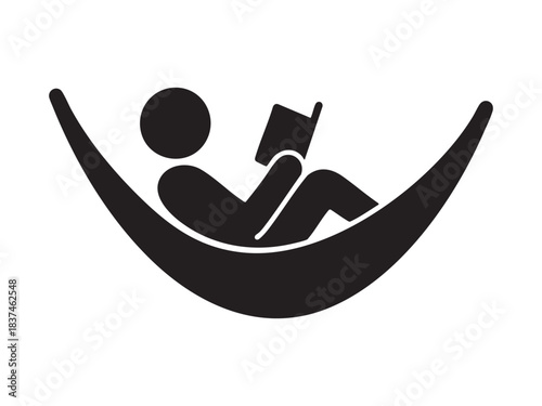 Black silhouette of person relaxing in hammock, graphic illustration. concept of leisure, relaxation, outdoor activity, person lounging, tranquility, travel, design element