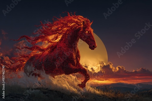 Red horse gallops through a fiery sunset symbolizing the Chinese New Year 2026