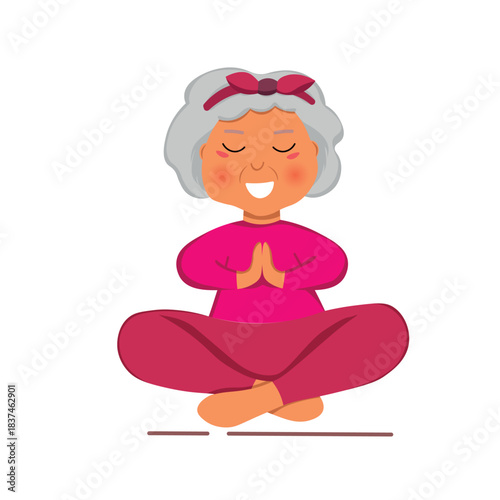 Sporty Granny does Yoga. Old person. Vector colorful cartoon illustration. Senior woman in pose yoga. Exercising for better health. Isolated flat image. Grandma. Grandmother character.