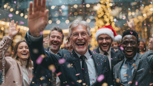 Diverse staff celebrating at festive holiday party with confetti and christmas decorations, new year concept