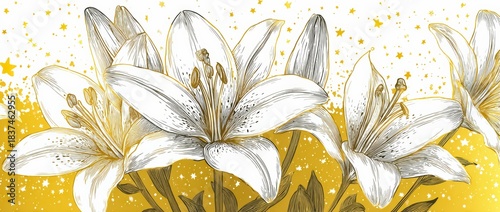 Drawing of three white flowers with gold accents. The flowers are arranged in a way that they appear to be in a vase