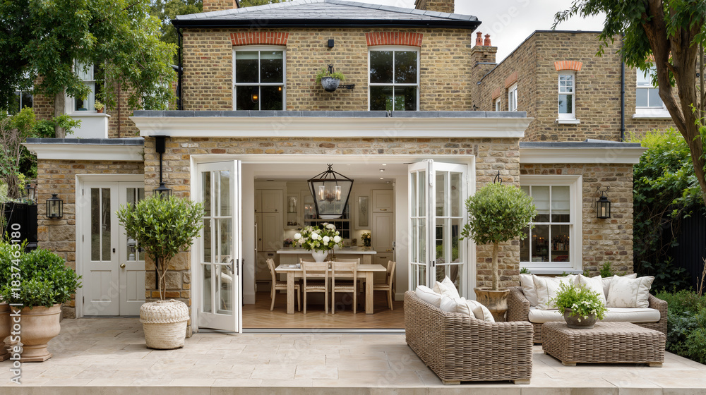 Fototapeta premium Brick house with open patio, french doors, and lush garden setting
