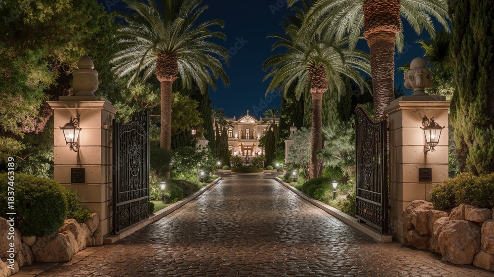 Fototapeta premium Rich mansion entrance illuminated by warm lights with palm trees lining cobbled pathway at night