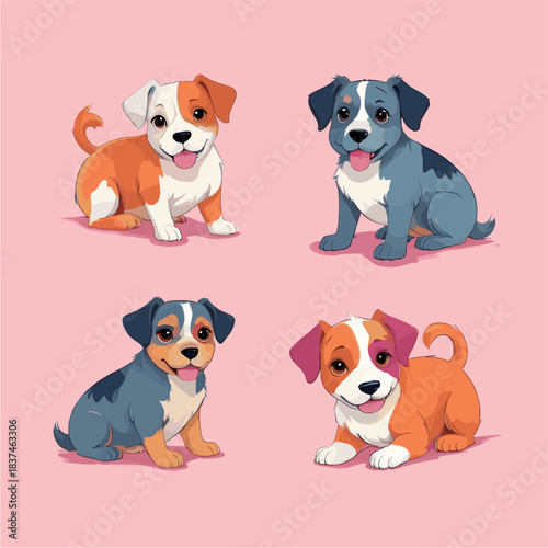 A set of four adorable cartoon puppy characters of different breeds and colors with cute big eyes, sitting and lying down against a solid pink background