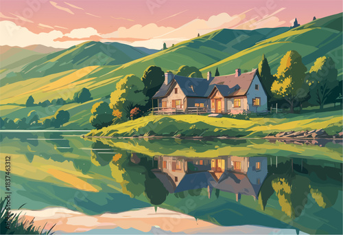 Serene rural landscape vector illustration in comic style depicting a white stone house on a green grassy hill by a lake, featuring rolling mountains, clear water reflections, and soft lighting