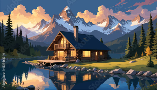Comic-style vector illustration of a cozy rustic cottage with a blue roof situated by a calm lake at sunset, featuring detailed water reflections, lush green trees, and distant rolling mountains