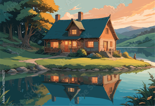 Comic-style vector illustration of a quaint rustic cottage nestled by a calm lake during golden hour sunset, featuring warm glowing windows, lush forest trees, mountains, and detailed water reflection