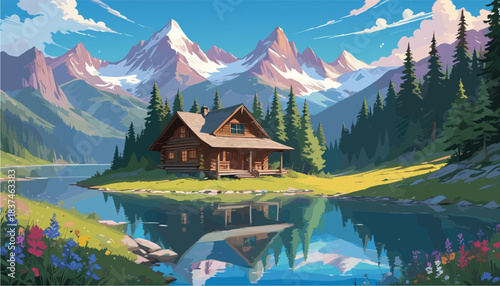 Scenic vector illustration of a rustic wooden log cabin nestled by a calm lake with reflection, surrounded by pine trees, blooming wildflowers, and snowy mountain peaks under a blue sky
